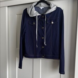 NWoT Benus Dark Blue Denim Jacket with Light Gray Hood